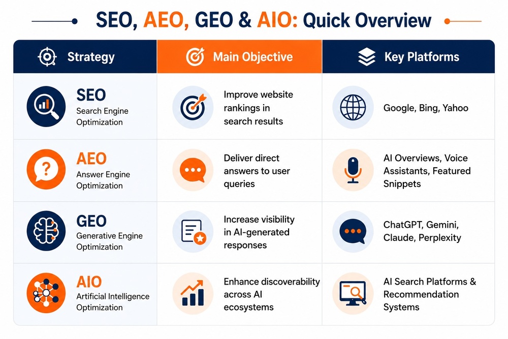 SEO vs GEO vs AEO vs AIO- Quick Overview